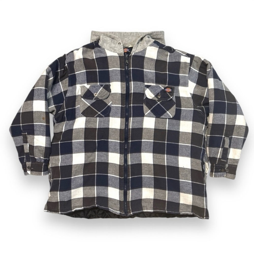 DICKIES Black Navy Plaid Flannel Shirt Jacket with Quilted Lining with Hood